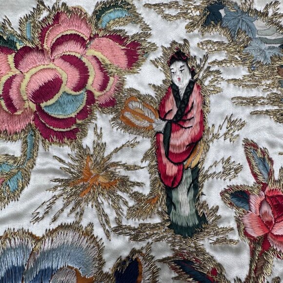 Vintage Geisha Embroidered Handbag Purse Floral Silk Chain Handle Mid Century - Picture 5 of 12